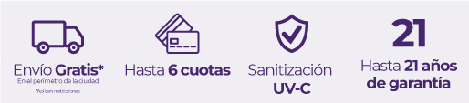 Beneficios: Envío gratis*, cuotas, sanitización, garantía